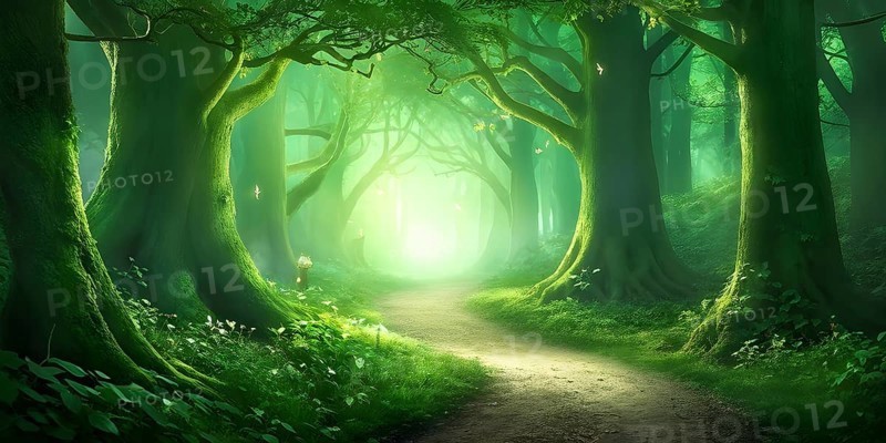 AI generated enchanted forest illustration intertwining trees aglow with magical light