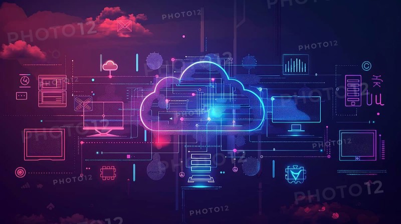 Futuristic digital illustration with neon colors representing cloud computing technology and data transfer, AI generated