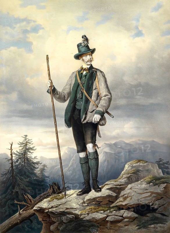 Franz Joseph I (born 18 August 1830 in Schoenbrunn Palace, now Vienna, died 21 November 1916), full name Franz Joseph Karl, from the House of Habsburg-Lorraine, was Emperor of Austria, Apostolic King of Hungary and King of Bohemia from 2 December 1848 until his death, here in the Ischl hunting costume as a hunter, Historical, digitally restored reproduction from a 19th century original, Record date not stated