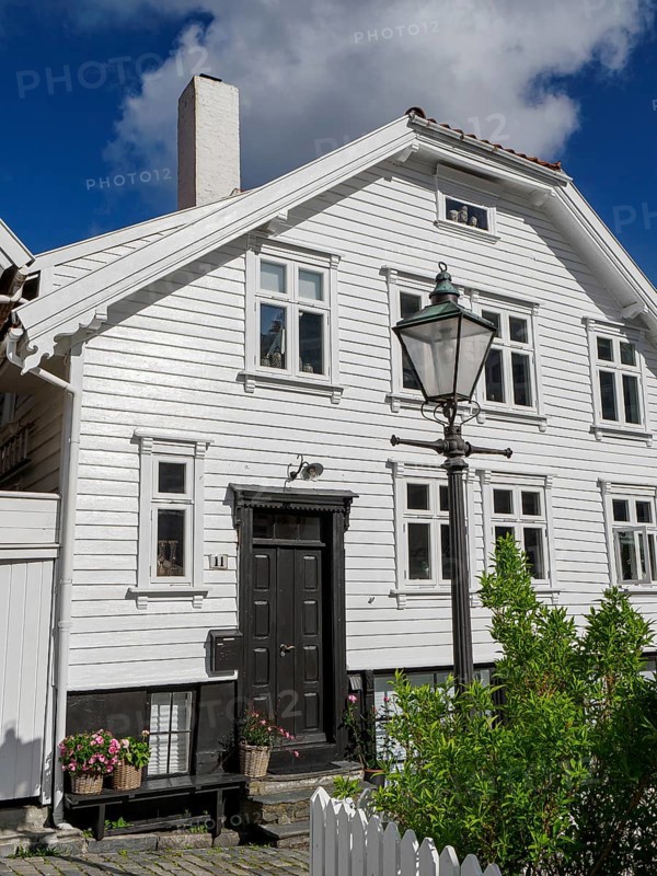 White houses with black doors, flowers and lanterns along a cobblestone street under a blue sky, white wooden houses with green trees and flowers against a blue sky, Stavanger, Norway, Europe