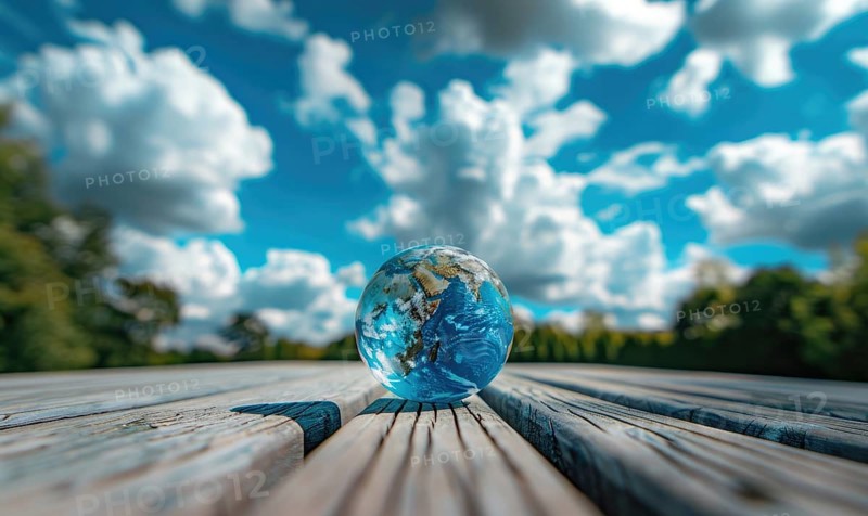 An Earth globe placed on a wooden picnic table with a bright blue sky and fluffy white clouds AI generated