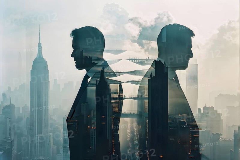 Silhouette of two businessman against a backdrop double exposure that reveals a destroyed cityscape, AI generated