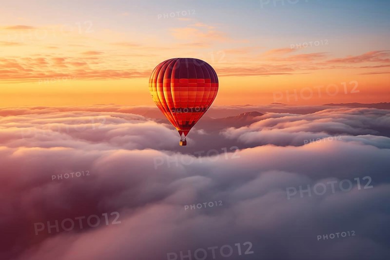 Colorful hot air balloon floats over a sea of clouds at sunset at sunset with orange and blue skies in the background. Travel journey adventure beauty of nature concept, AI generated