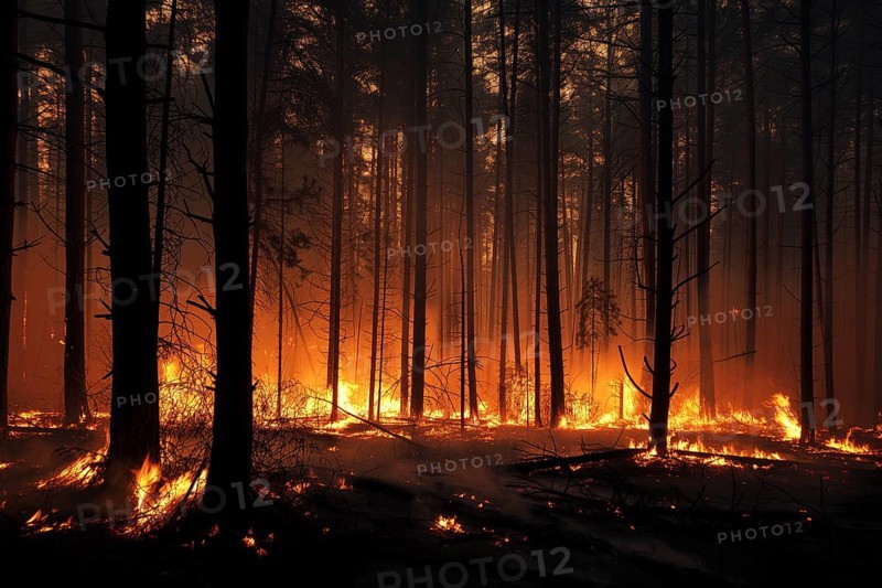 A forest wildfire is raging through a wooded area. Trees are on fire and flames are spreading quickly. Air is thick with smoke, AI generated