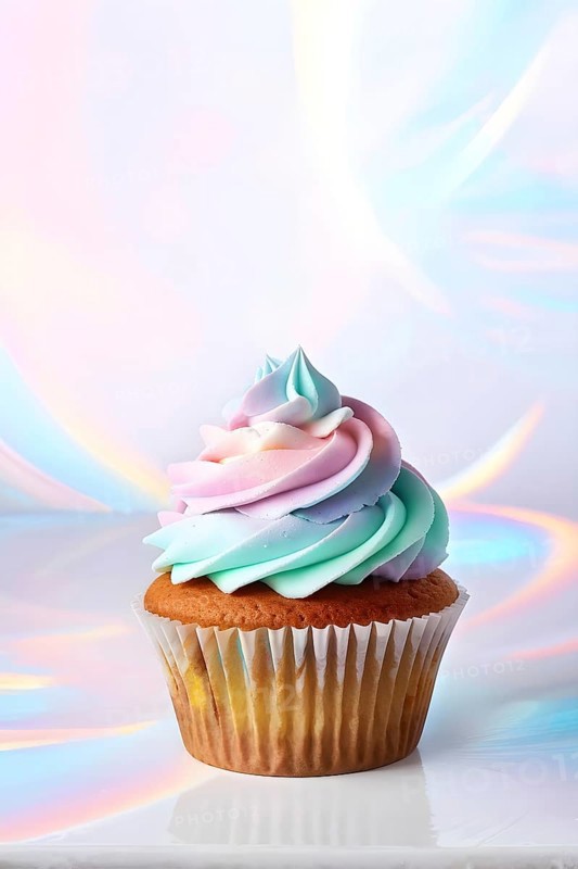 Cupcake with swirls of pastel frosting resting on a subtle iridescent surface, AI generated