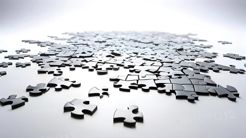 Illustration of scattered puzzle pieces sprawled across as a wallpaper background, AI generated