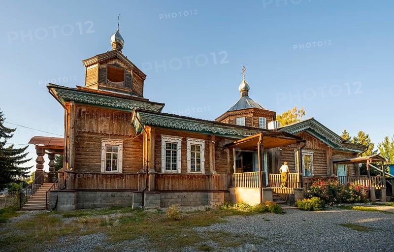 Wooden church, Russian Orthodox Church Tserkov, Teploklyuchenka, Kyrgyzstan, Asia