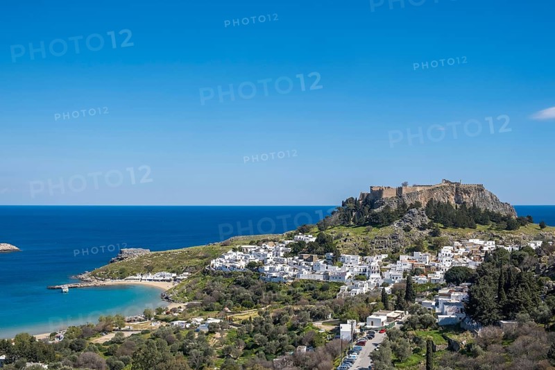 View of the Acropolis and the white houses of Lindos, Rhodes, Dodecanese archipelago, Greek Islands, Greece, Europe