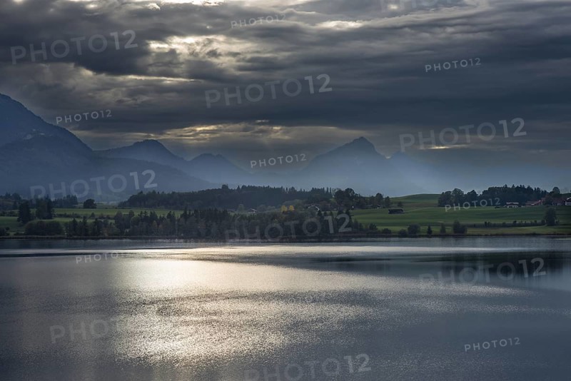 Sunset, Hopfensee, Hopfen am See, near Fuessen, Ostallgaeu, Allgaeu, Bavaria, Germany, Europe