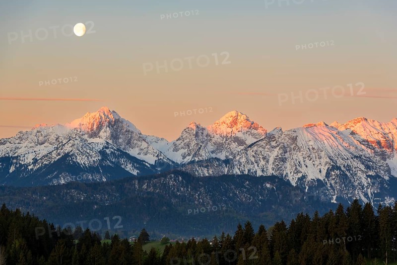 Allgaeu Alps, view from Hegratsrieder See, snow, dawn, moon, Allgaeu, Bavaria, Germany, Europe