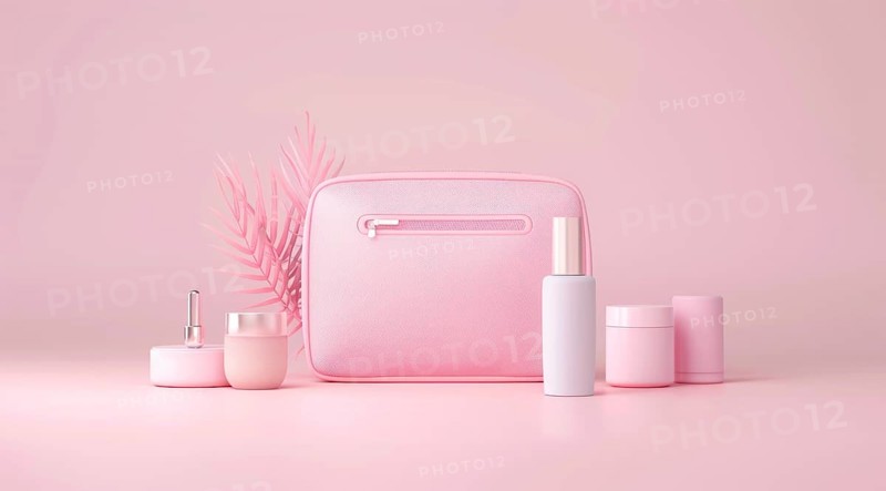 A pink purse with makeup and other cosmetic beauty items on a table, AI generated