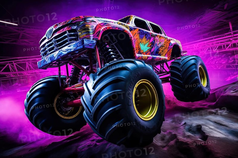 Monster truck with neon lighting, jumping off-road in cloud of dust. Excitement and thrill of an extreme sport, AI generated