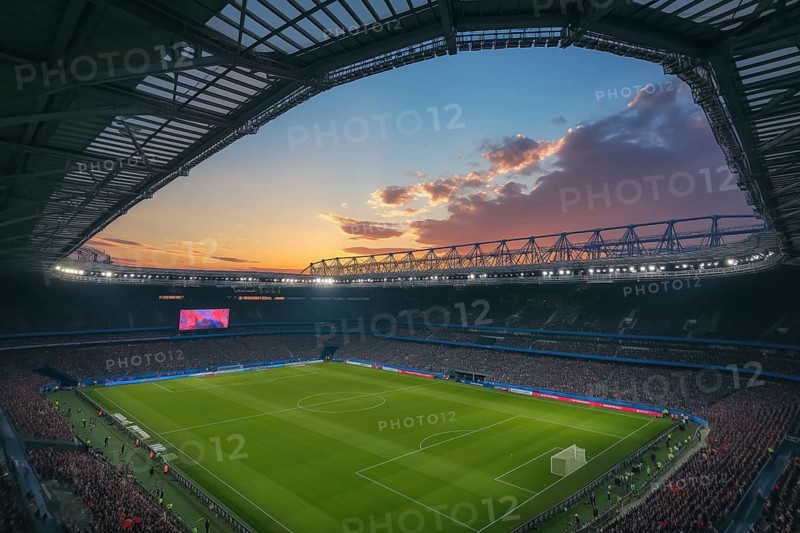 A soccer field with a large crowd of people spectators fans watching the game on sunset. The stadium is lit up with bright flood spotlights ready for a match game, AI generated