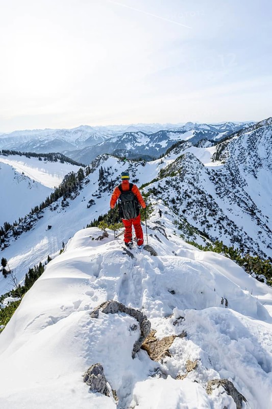 Mountaineer on the ridge of the Aiplspitz in the snow, snow-covered mountain landscape with mountain pines in winter, ski tour to the Aiplspitz, Mangfall mountains, Bavarian Prealps, Bavaria, Tyrol