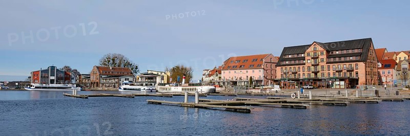 City panorama with city harbour at Lake Mueritz, Waren, Mueritz, Mecklenburg Lake District, Mecklenburg, Mecklenburg-Western Pomerania, Germany, Europe