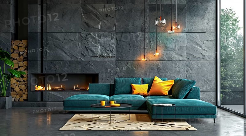 Modern living room in a condo or loft with modern trendy furniture, AI generated