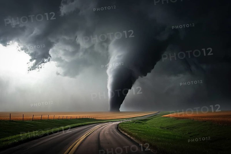 Disaster catastrophe storm concept, tornado in a field in the USA with road in field under stormy dark sky, AI generated