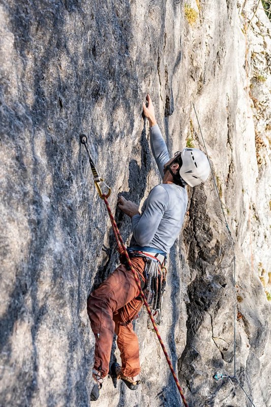 Sport climbing with rope, climber on a rock face, Frauenwasserl climbing garden, Ammergau Alps, Bavaria, Germany, Europe