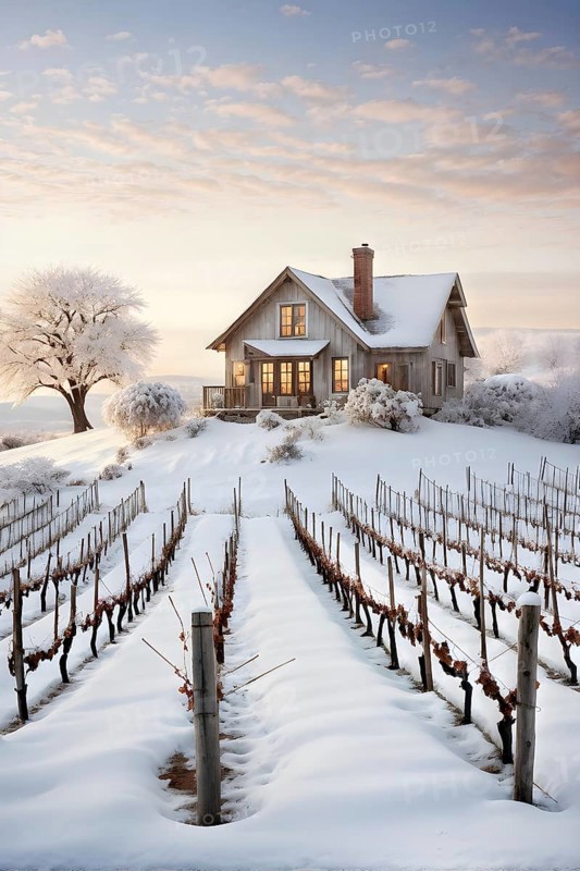 Rustic vineyard cottage in a winter vineyard landscape with snow, AI generated