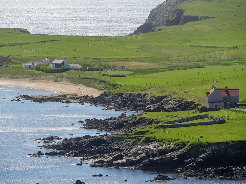 Sea view with green hills, cliffs and a lonely house, green meadows on a deep blue sea and a rocky coastline with individual houses, lerwick, shetland, Scotland, United Kingdom, Europe