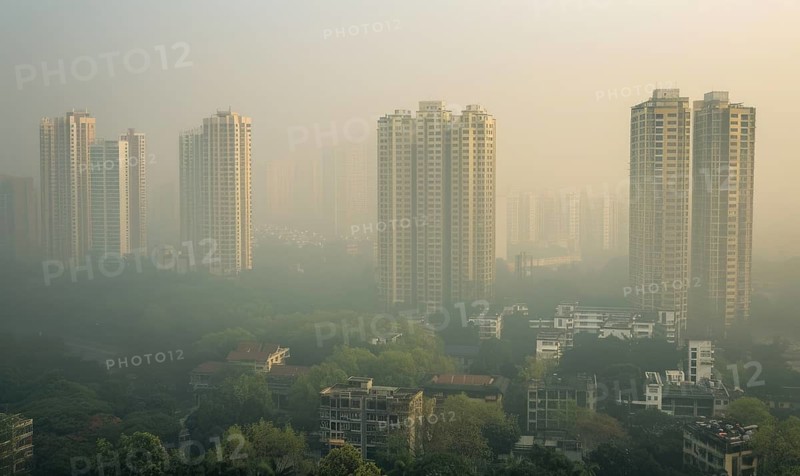 Urban landscape shrouded in smog with tall buildings barely visible AI generated