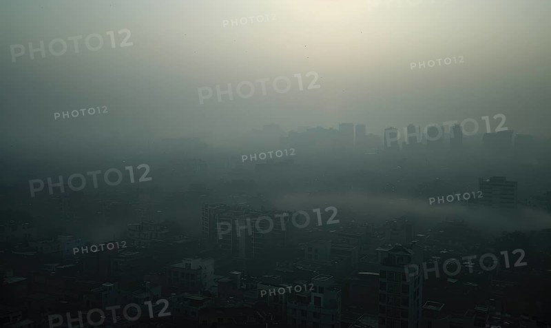 Urban landscape shrouded in smog with tall buildings barely visible AI generated
