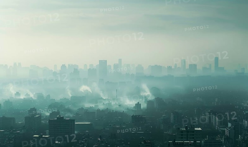 A city skyline obscured by thick smog, Industrial AI generated