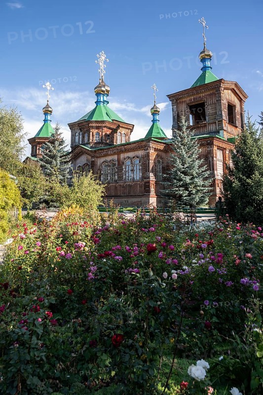 Russian Orthodox Church Cathedral of the Holy Trinity, wooden church with green spires, Karakol, Kyrgyzstan, Asia