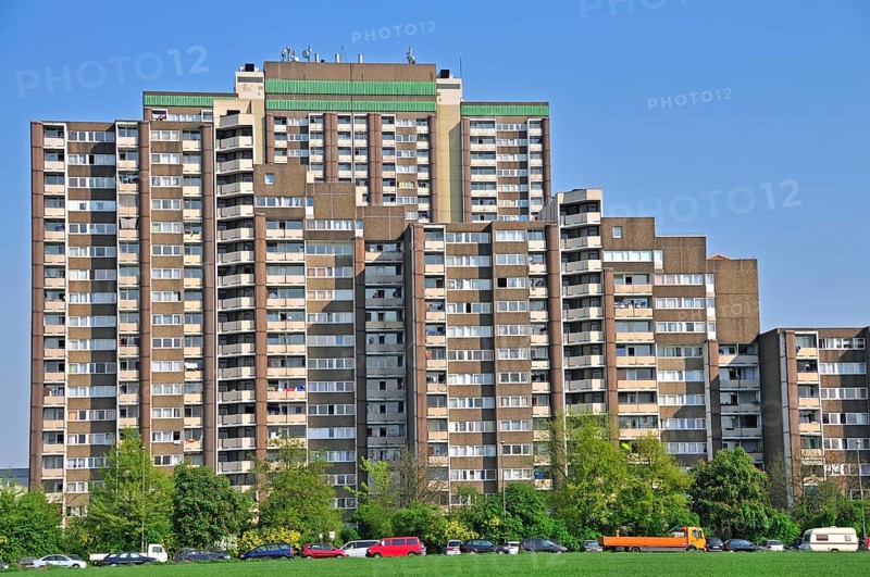Residential tower blocks KoelnBerg, a social hotspot in the Meschenich district of Cologne, North Rhine-Westphalia, Germany, Europe