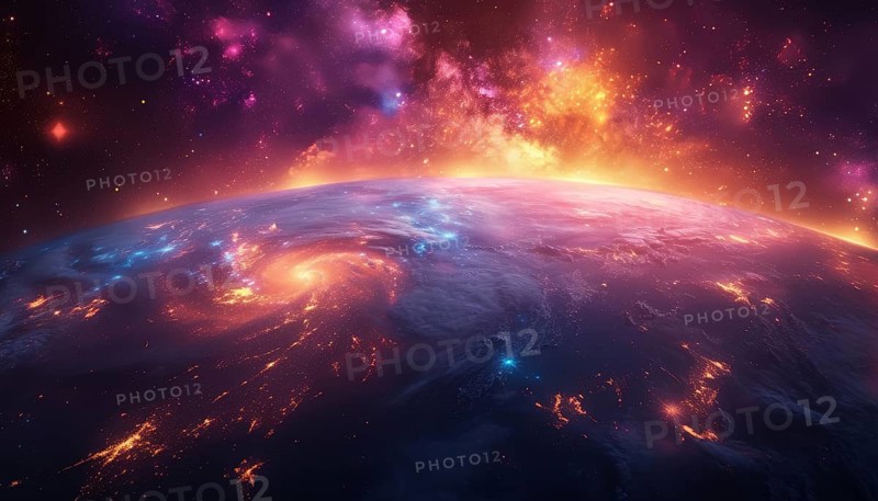 Vibrant galactic view featuring planet Earth amidst a colorful space scene with stars and nebulae, AI Generated, AI generated