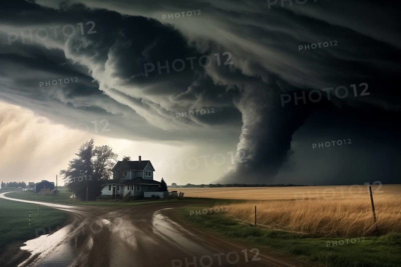 Disaster catastrophe storm concept, tornado in a field in the USA with wooden house and road under stormy dark sky, AI generated