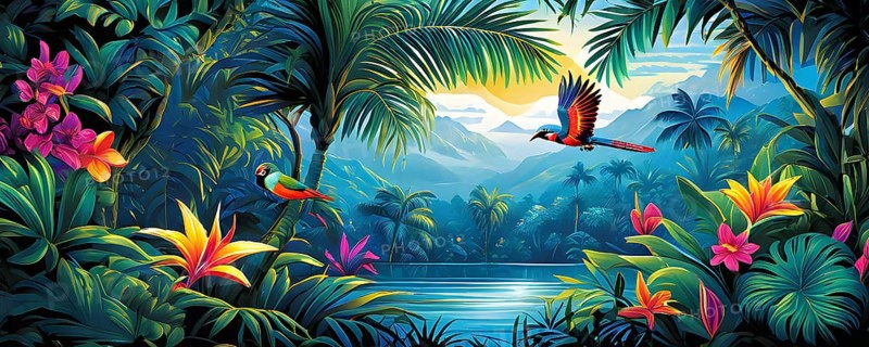AI generated illustration of an enchanted fairy tale jungle inhabited by magical fantasy animals in vibrant colors