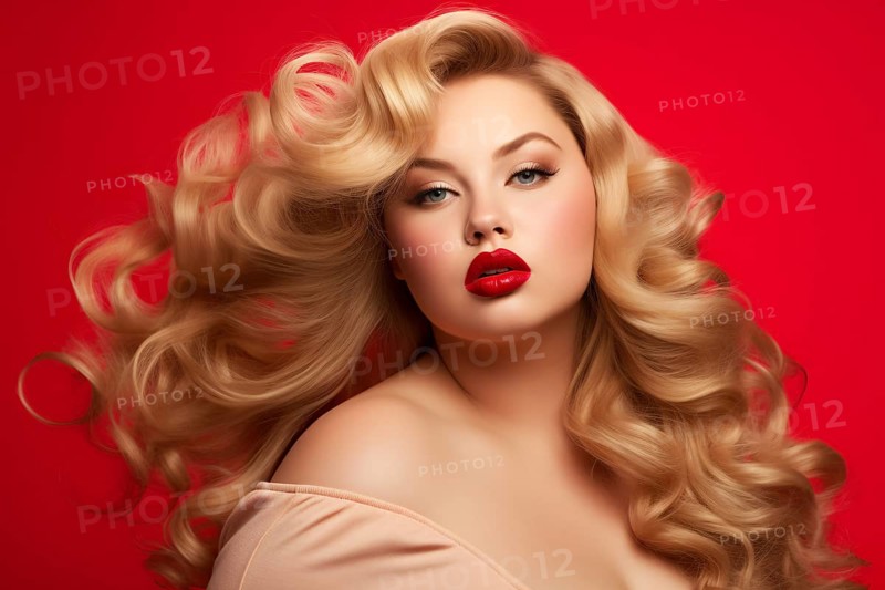 Curvy plus size woman with elegant makeup and long luxurious blond hair, AI generated
