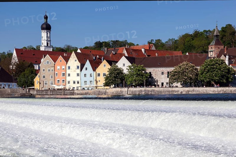 Historic old town centre of Landsberg am Lech, in front of the Lech weir, Upper Bavaria, Bavaria, Germany, Europe
