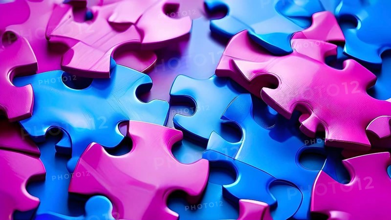 Illustration of scattered blue and magenta puzzle pieces sprawled across as a wallpaper background, AI generated