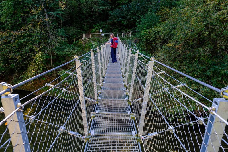 Hikers at the suspension bridge over the Danube, Inzigkofen Princely Park near Sigmaringen, Upper Danube Valley, Baden-Wuerttemberg, Germany, Europe