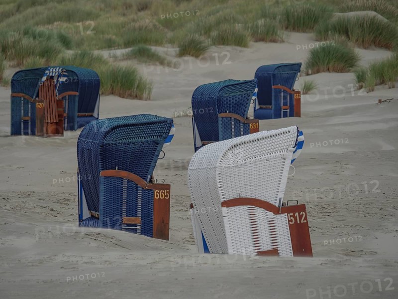 Several blue and white beach chairs on the quiet beach in front of the dunes, colourful beach chairs on the beach and in the dunes under a cloudy sky by the sea, Juist, Germany, Europe