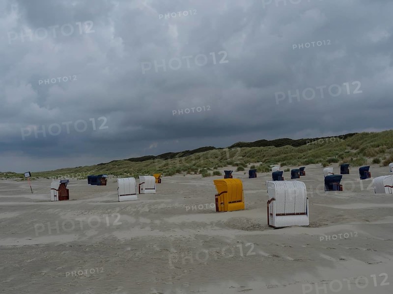 Several beach chairs on the sandy beach in front of the dunes under a grey sky, colourful beach chairs on the beach and in the dunes under an overcast sky by the sea, Juist, Germany, Europe