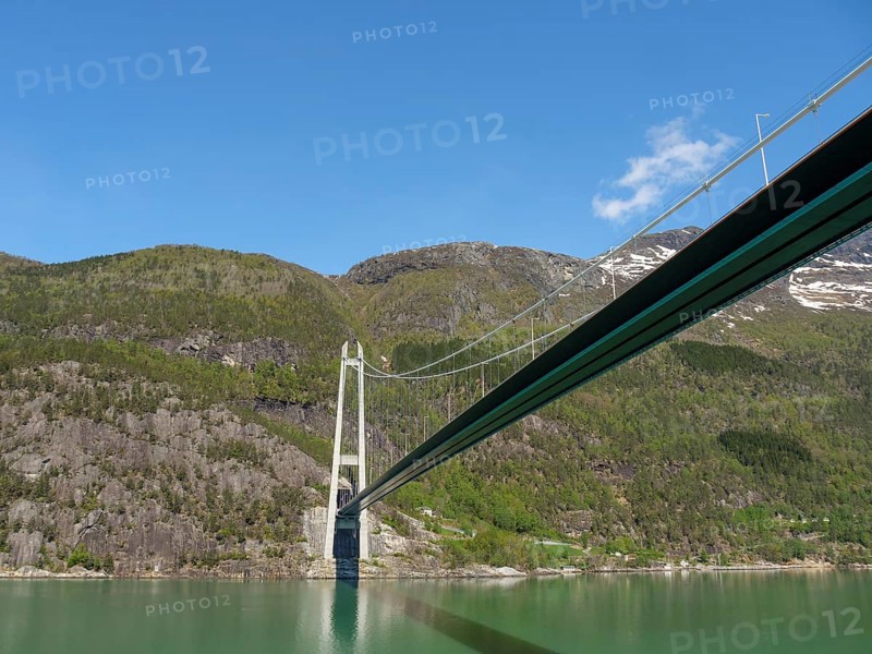 Floating bridge over wooded slopes, under a clear blue sky, bridge in a fjord with snow-capped mountains and green trees, greenish shimmering water, eidfjord, Norway, Europe