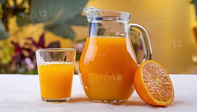 A glass of orange juice, carafe and half orange on a white table with a warm background, AI generated, AI generated
