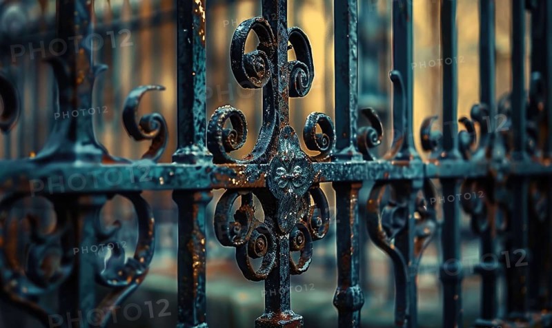 A rusted wrought iron gates in hues of deep charcoal and slate gray AI generated
