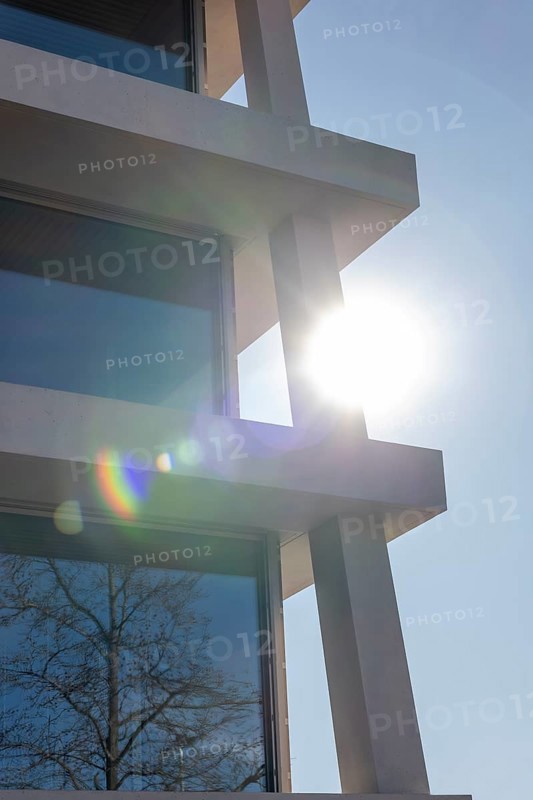 Modern Design Building with Tree Reflection and Against Clear Blue Sky and Sunlight with Lens Flare in a Sunny Day in Switzerland