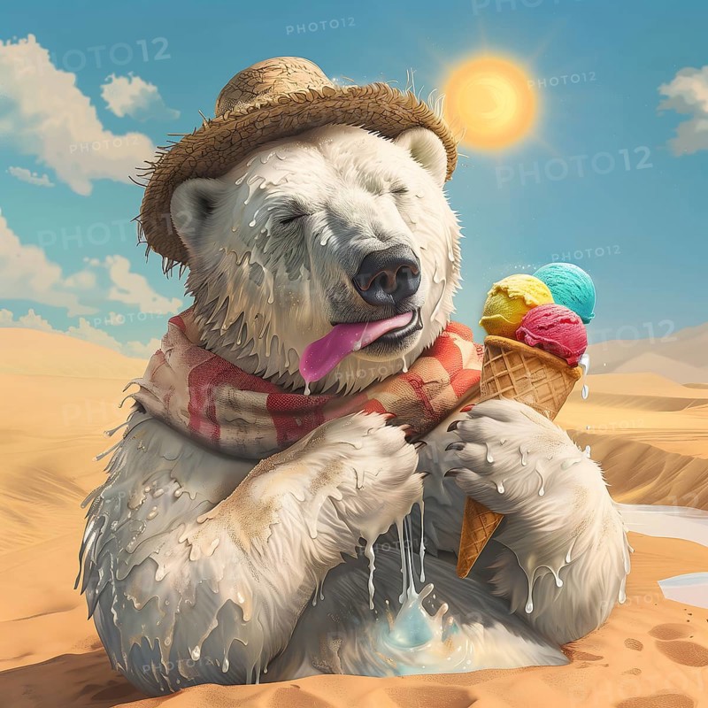 A polar bear in the hot desert with a straw hat and a scarf eats ice cream under the bright sun, symbolic image on the topic of climate change, climate catastrophe, climate protection, AI generated