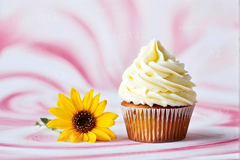 Cupcake with soft cream frosting perfectly swirled against a sunflower with red backdrop, AI generated
