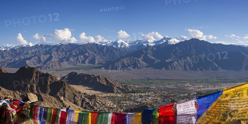 Panorama from Tsenmo Hill over Leh and the Indus Valley to Hemis National Park with Stok Kangri, 6153m, Ladakh, Jammu and Kashmir, India Asia