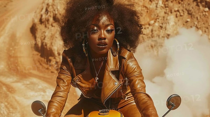 Confident woman in a stylish leather jacket sitting on a motorcycle, AI generated