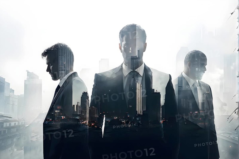 Silhouette of a group of businessman against a backdrop double exposure that reveals a destroyed cityscape, AI generated