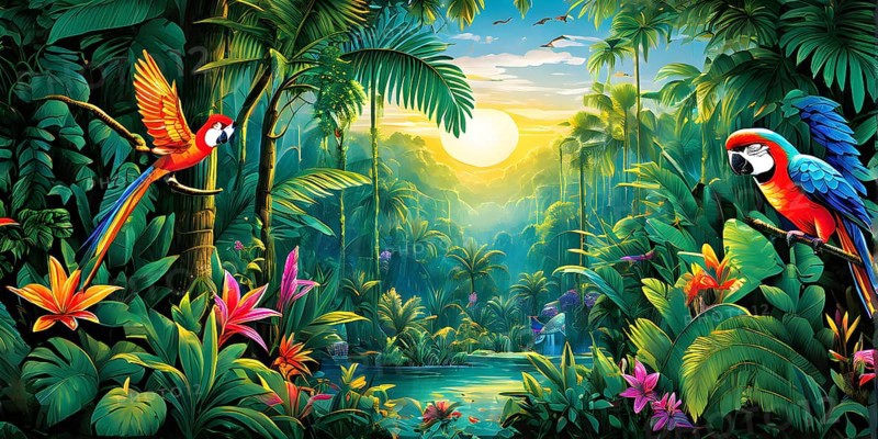 AI generated illustration of an enchanted fairy tale jungle inhabited by magical fantasy animals in vibrant colors