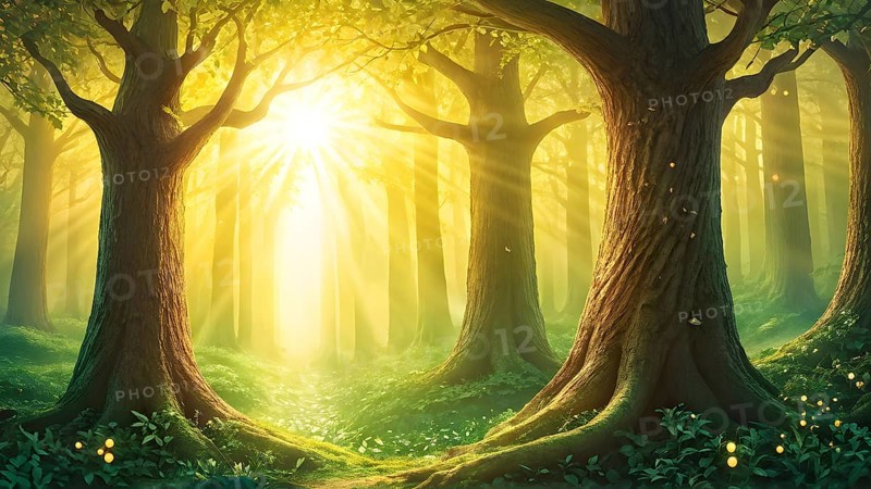 AI generated enchanted forest illustration intertwining trees aglow with magical light
