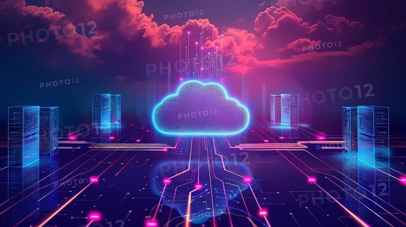 Cloud computing concept with a neon blue cloud and data centers under a digital sky, AI generated